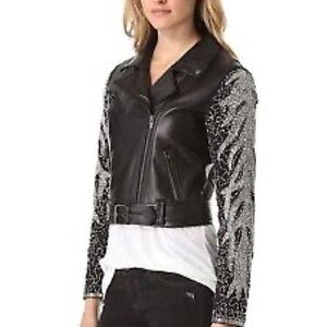 Veda Aquarius Jacket beaded silver Renaissance biker black leather jacket bomber